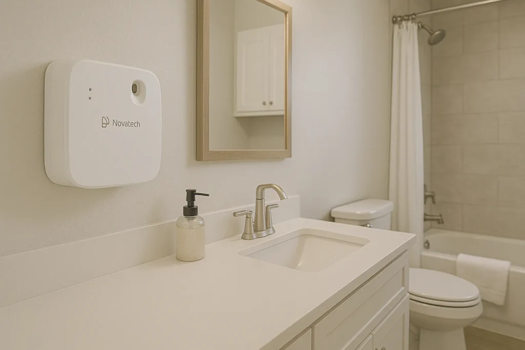 Automatic air freshener dispenser installed in a modern bathroom for continuous freshness