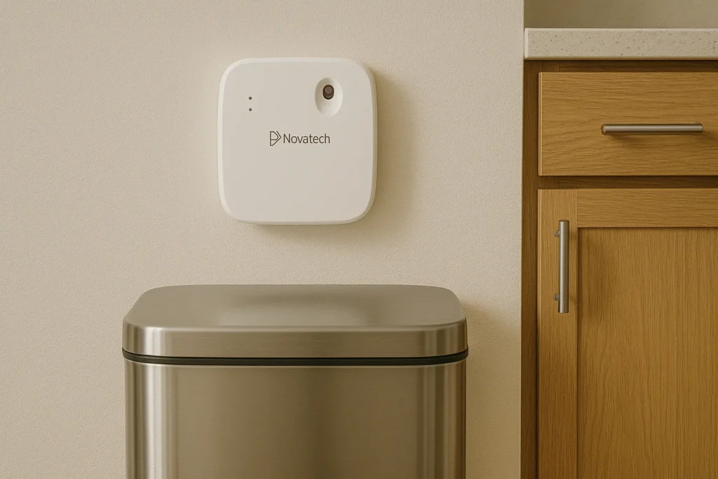 Automatic air freshener dispenser placed near a kitchen trash bin for odor control