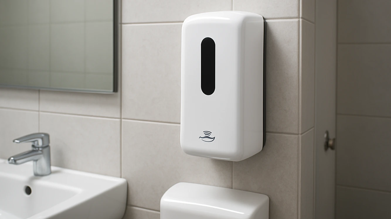 A modern restroom with wall-mounted Automatic Sanitizer Dispensers installed beside a sink and mirror, featuring sleek white design and touchless functionality.