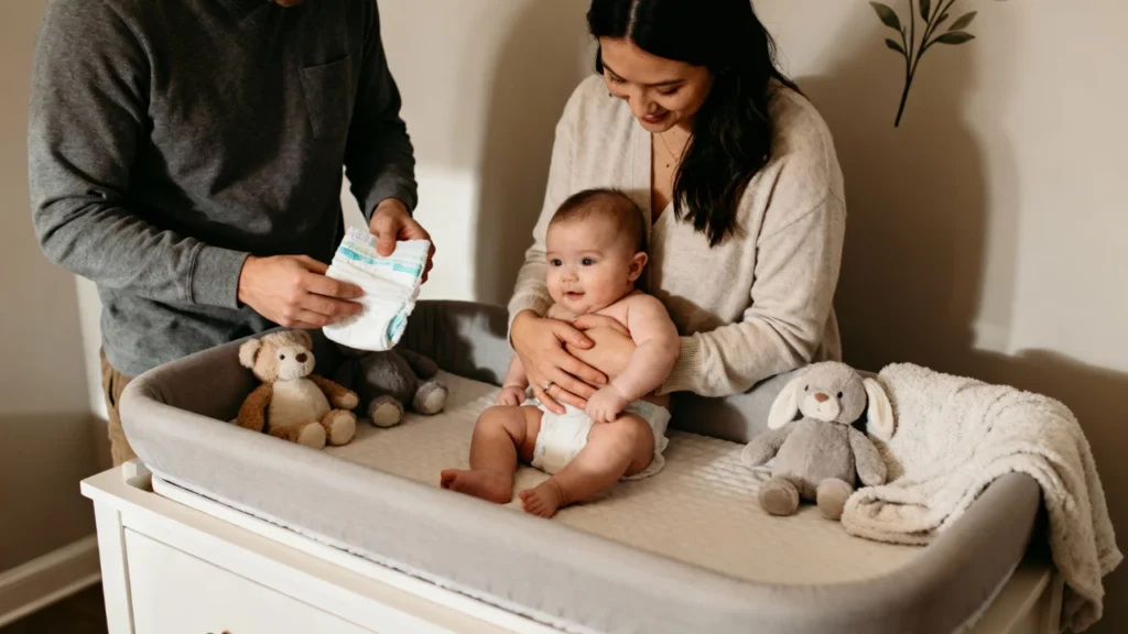 Baby lying safely on a padded diaper changing table (1)
