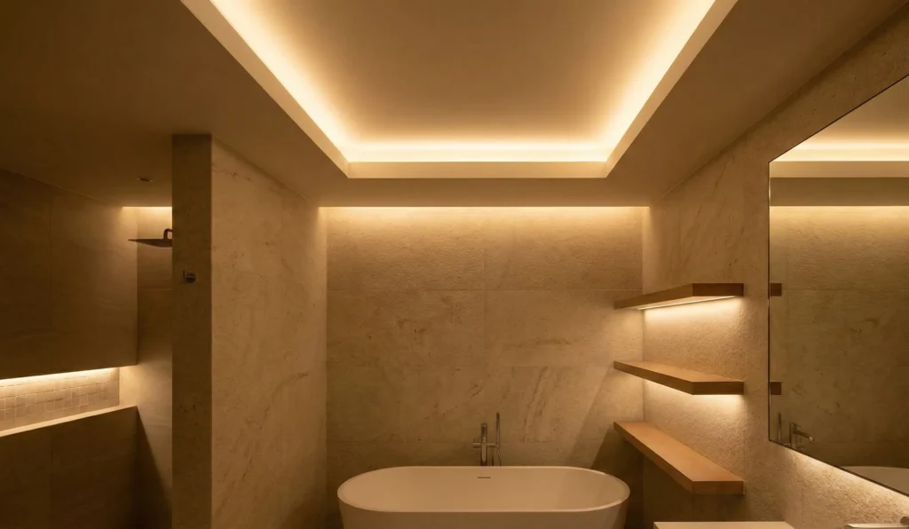 10 Bathroom Lighting Design Ideas for Small Bathrooms 3 Bathroom ceiling lights design using warm LED cove lighting for a luxury feel