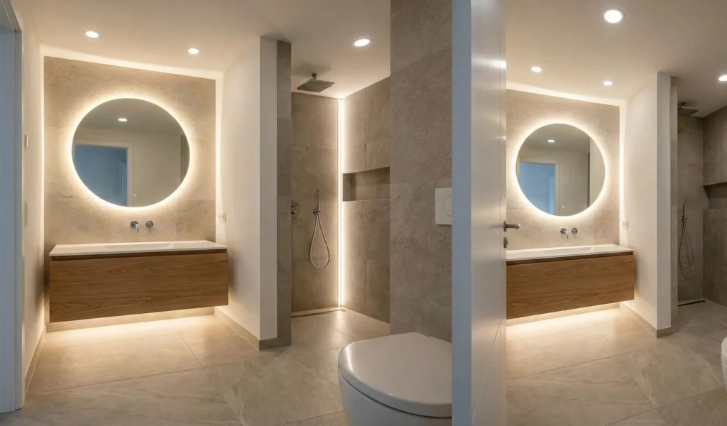 10 Bathroom Lighting Design Ideas for Small Bathrooms 8 Bathroom mirror light ideas with round LED mirror and recessed ceiling lights